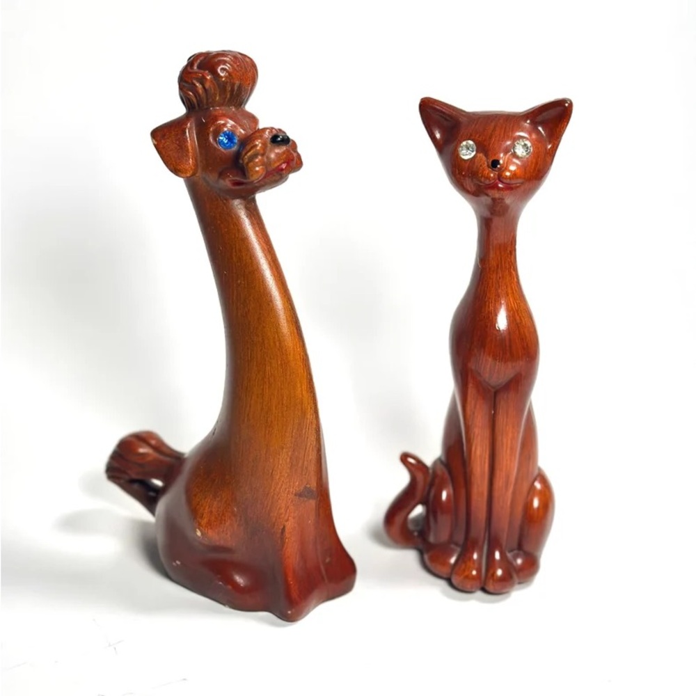 Vintage Figurines, Poodle And Cat, Mid Century Faux Wood Grained Acrylic